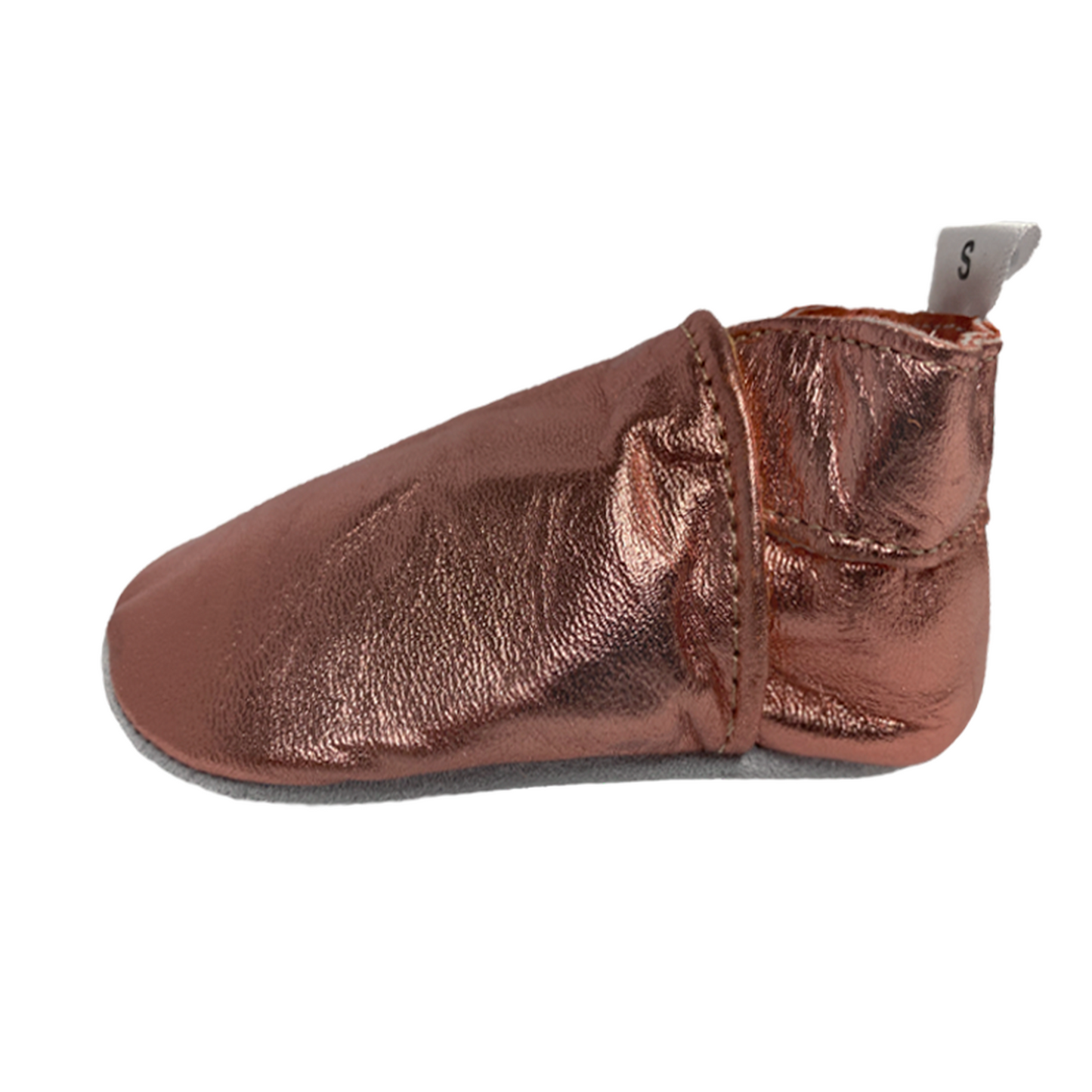 Babyslofjes van leer in rose gold kleur zijkant