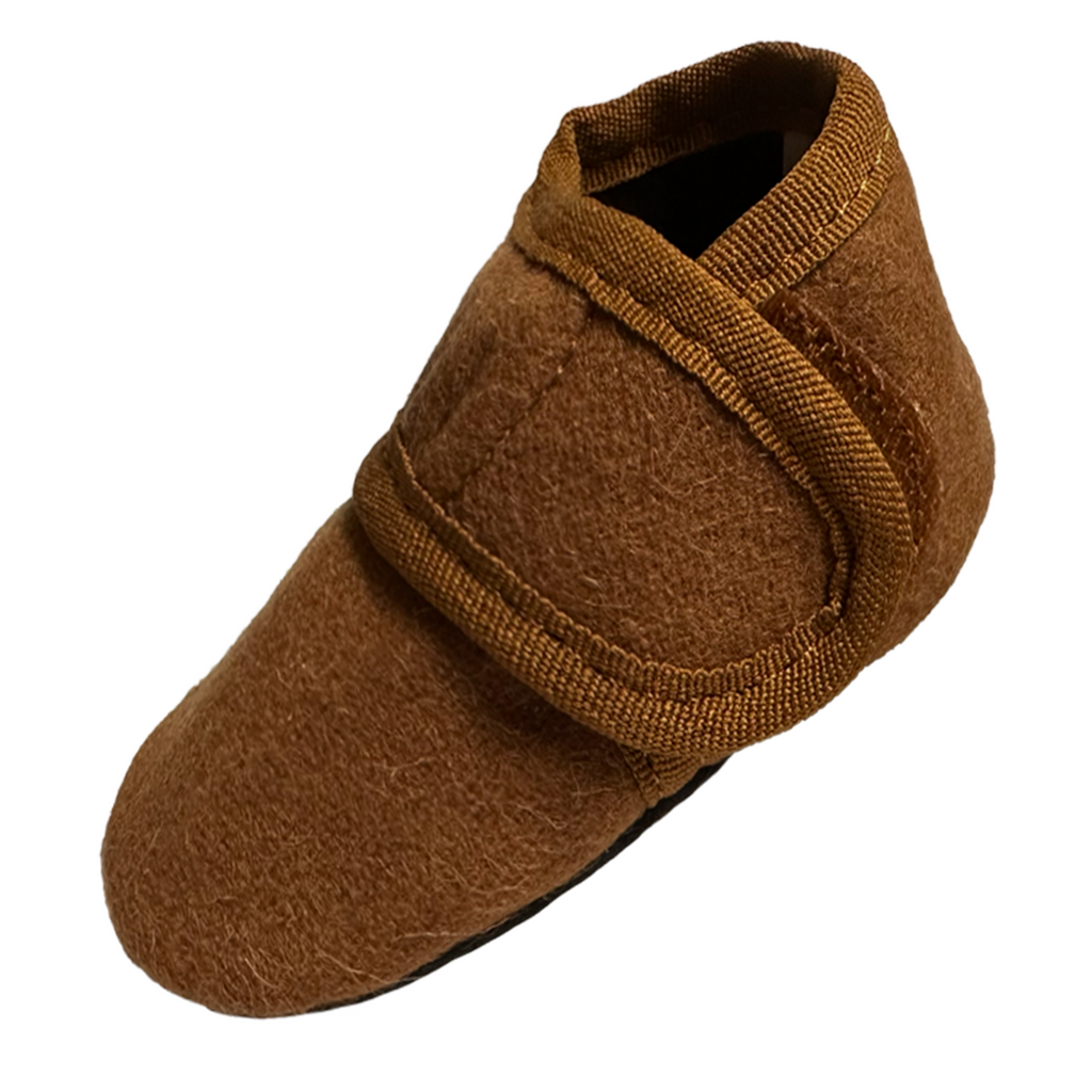 wollen babyslofjes camel bruin enkel voorkant